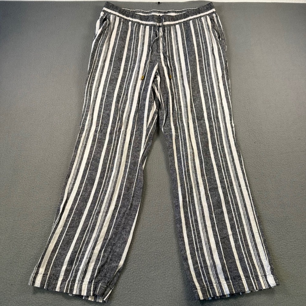 Ellen Tracy Striped Linen Blend Pull On Pants Black White Drawstring Size M